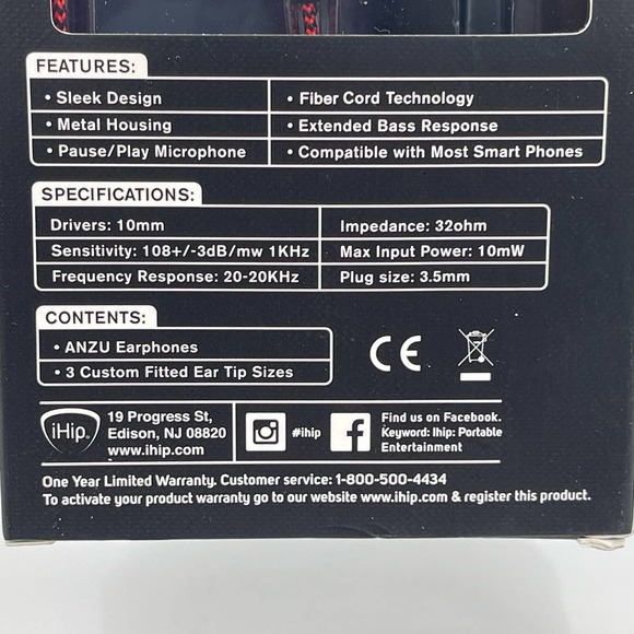 iHip Red ANZU Wired Earphones Built In Mic Fiber Cord Metal Housing IPEB7-R NEW - Picture 5 of 8
